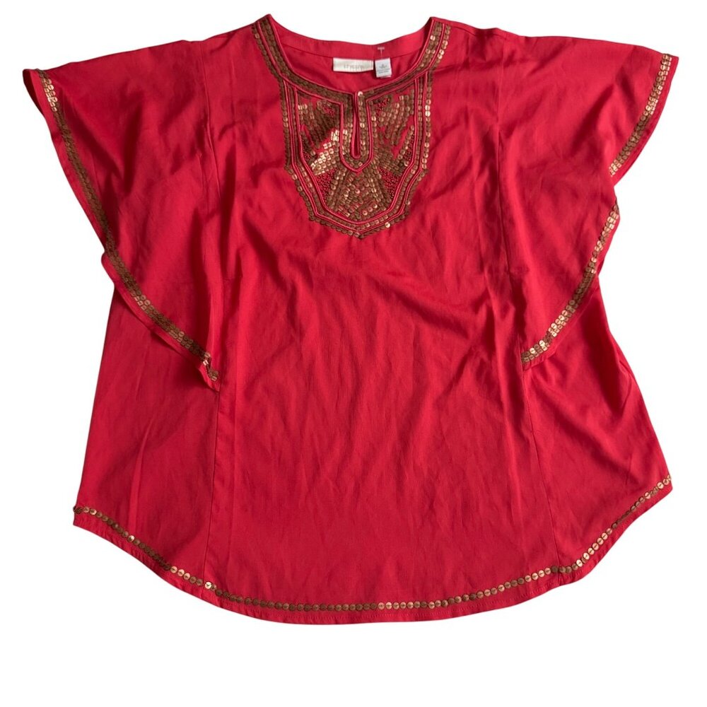 Chicos Red gold Sequin Embellished Blouse top Flutter sleeve gorgeous NWOT‎